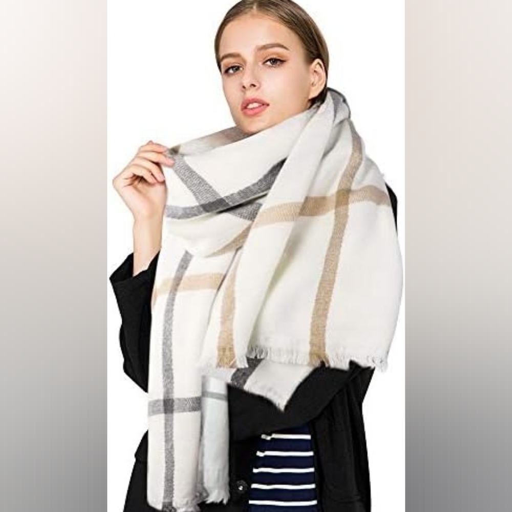 a new day Plaid Scarf in Cream, Gray, and Tan